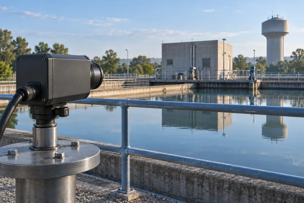 An inspection camera faces a nearby railing, a pump building and a distant water tower at a water-treatment site.