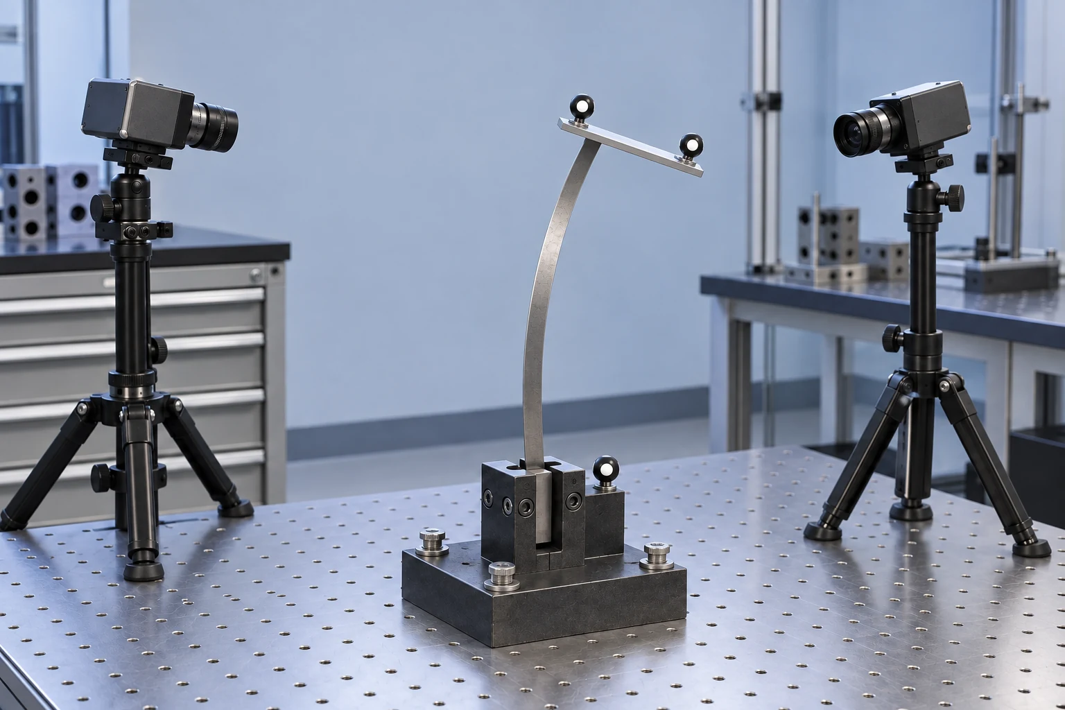 A curved metal strip carries a rigid top plate with two optical targets, viewed by two laboratory cameras; a third target marks the fixed base.