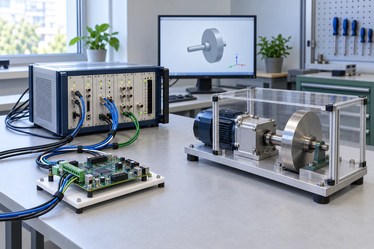 A controller board is wired to a simulator beside a separate guarded rotary mechanism and a monitor showing its mechanical shape.