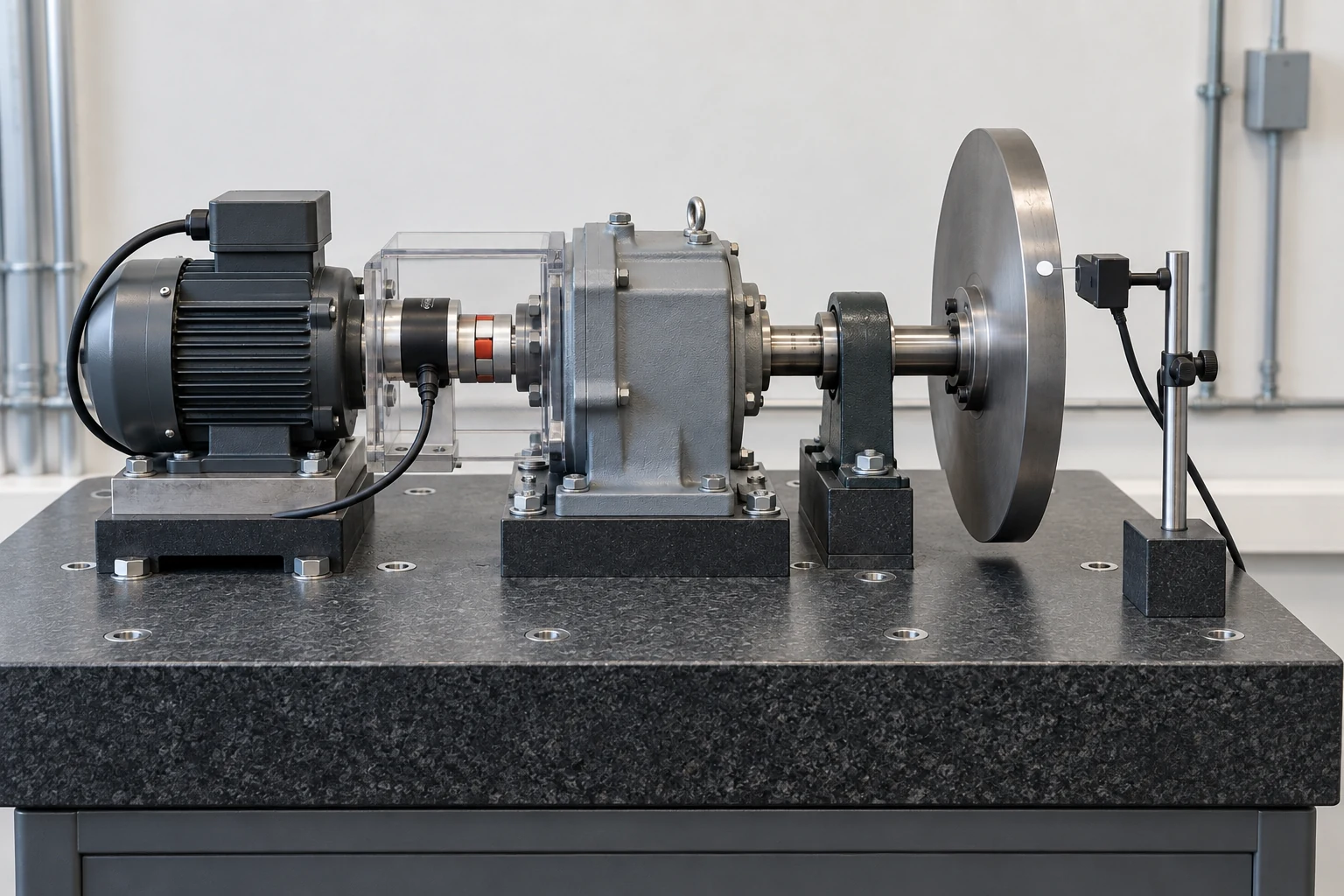 A rotary test fixture has a motor-side sensor and a separate optical sensor observing a mark on the output disk beyond the gearbox.