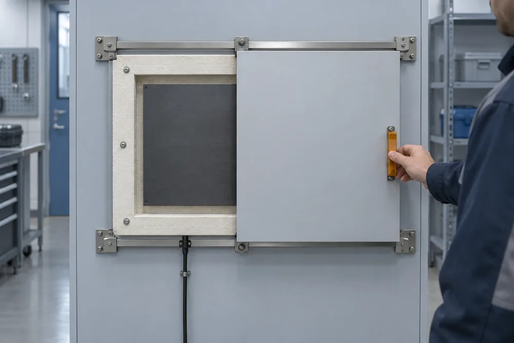 A technician slides an opaque mask aside to change the exposed shape of a warm test surface.