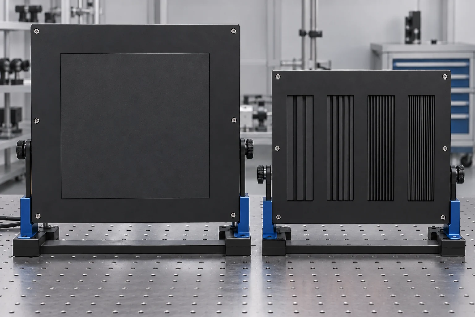 Two laboratory targets with matte black surfaces: a broad square insert at left and progressively finer slots over a recessed backing at right.