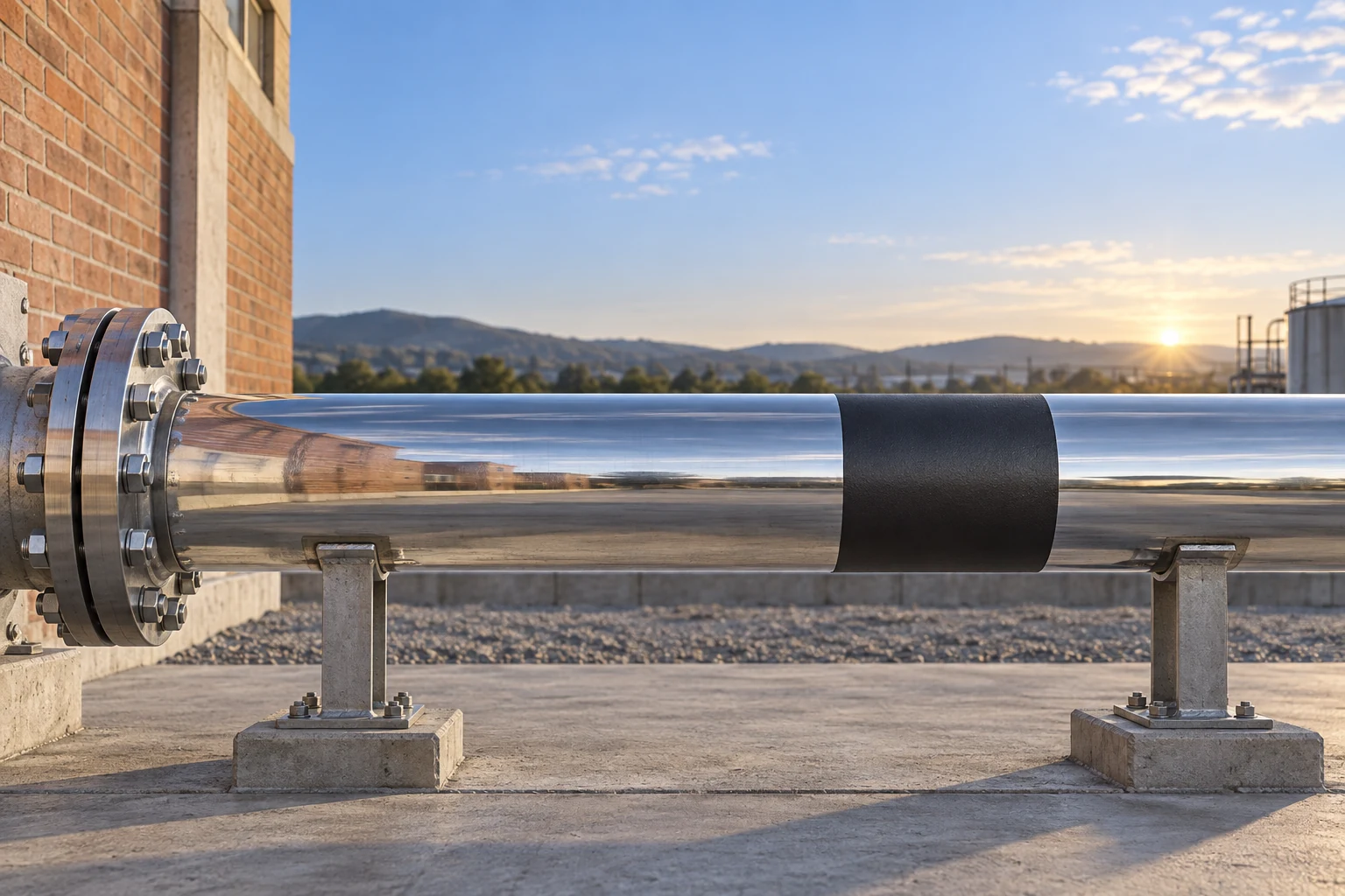 A polished industrial pipe reflects sky and brickwork beside a broad matte black band on the same pipe.