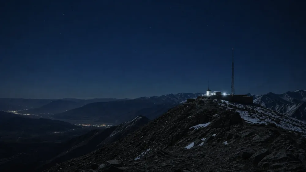A floodlit shelter and a thin mast on a remote mountain crest above a dark valley with scattered settlement lights under a faint star field.