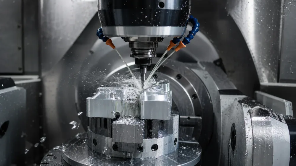 A five-axis machining spindle milling a clamped aluminium workpiece, coolant striking the cutter and bright chips leaving the contact point.