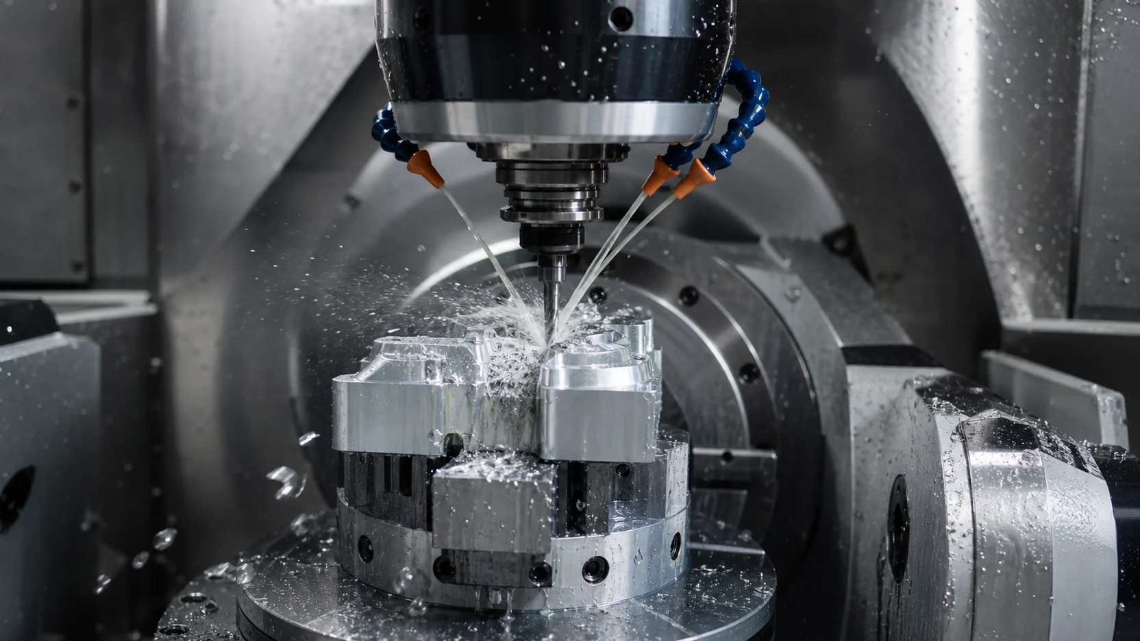 A five-axis machining spindle milling a clamped aluminium workpiece, coolant striking the cutter and bright chips leaving the contact point