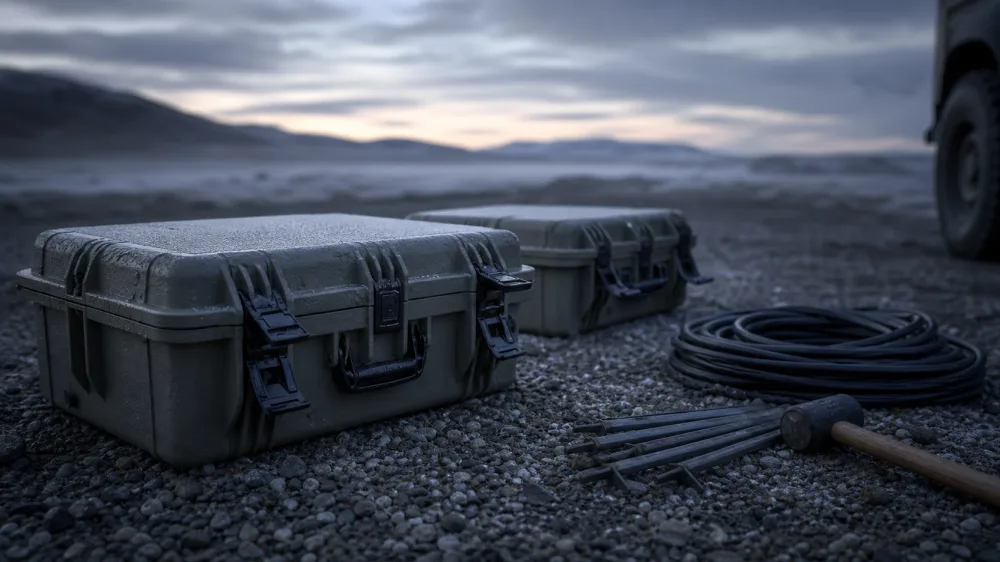 Two condensation-covered transit cases, a coiled heavy cable, ground stakes and a mallet on cold dawn gravel beside the blurred edge of a vehicle.