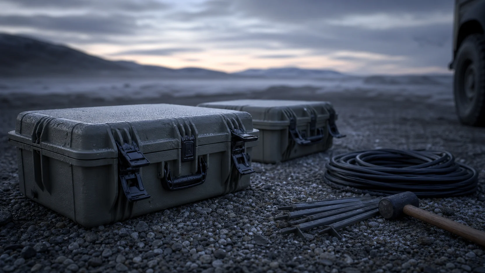 Two condensation-covered transit cases, a coiled heavy cable, ground stakes and a mallet on cold dawn gravel beside the blurred edge of a vehicle