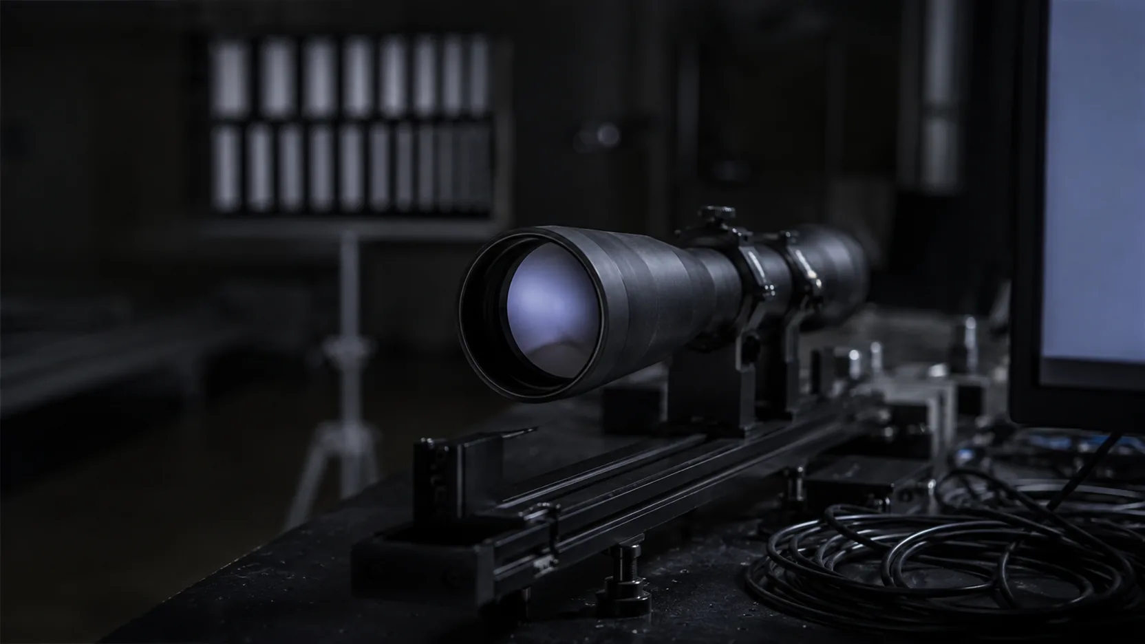 A long infrared telephoto lens on a rail mount in a darkened optical laboratory, a bar-target resolution chart out of focus behind it.