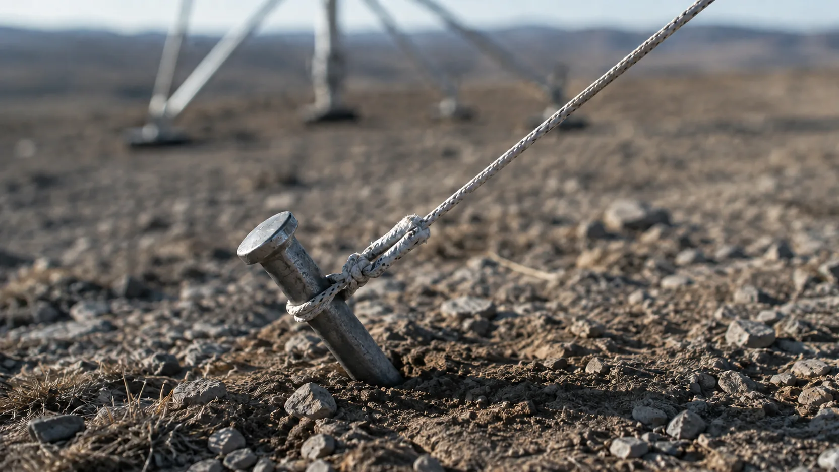 A steel anchor stake driven at an angle into dry gravelly ground, a guy rope under visible tension running from its knot.