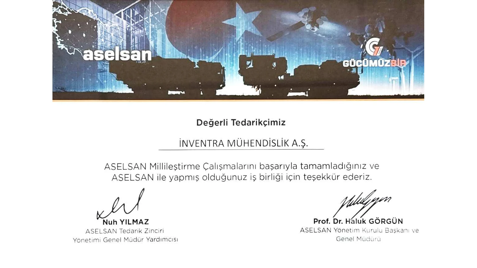 The appreciation certificate ASELSAN issued to Inventra Mühendislik A.Ş., signed by the chairman and the deputy general manager for supply chain management.