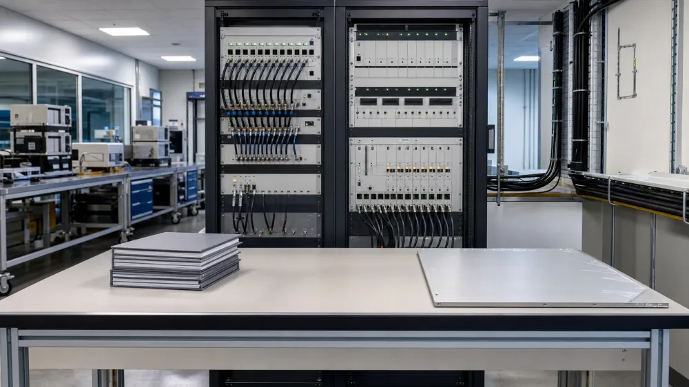 Two newly powered HIL racks with neatly routed cable trays, squared documentation folders and a panel still under protective film.