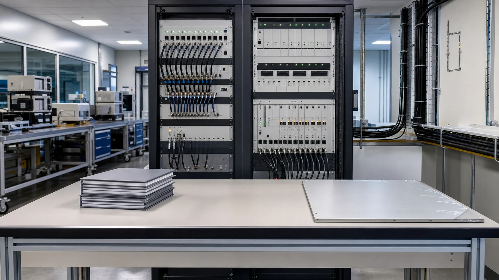 Two newly powered HIL racks with neatly routed cable trays, squared documentation folders and a panel still under protective film