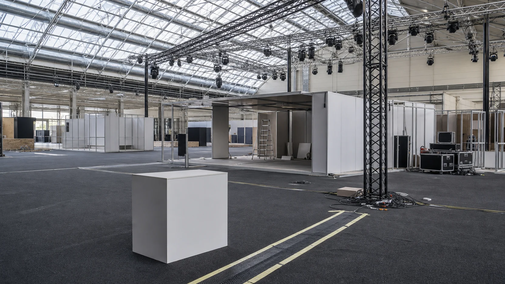 An exhibition hall before opening: partly built modular stands, overhead lighting trusses, taped cable routes and an empty display plinth