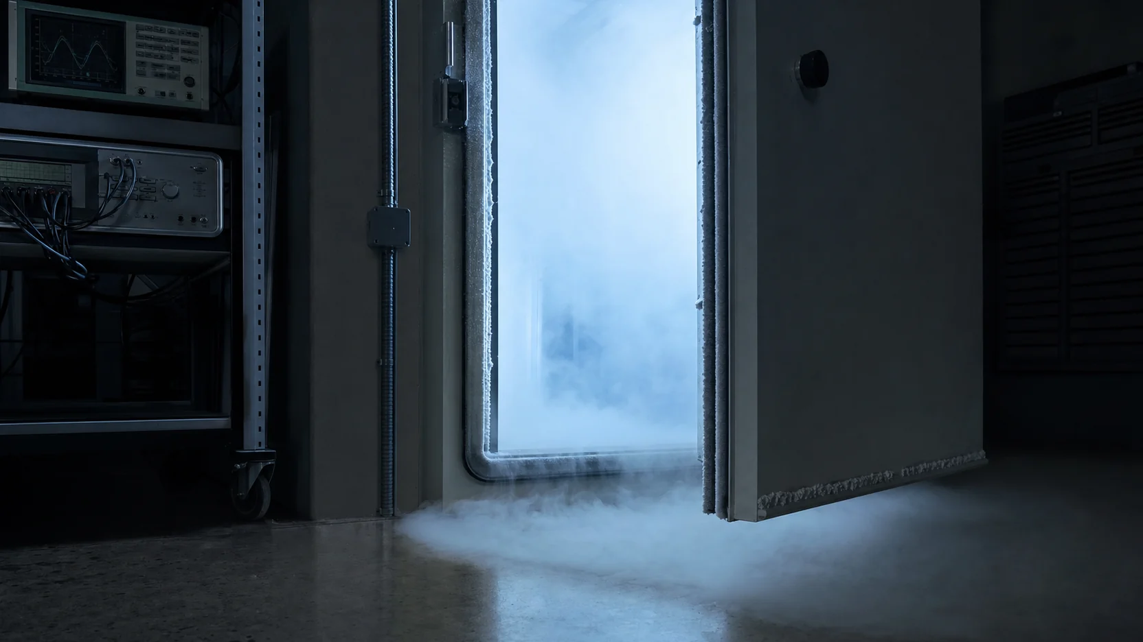 Cold vapour spilling from a partly open environmental chamber, frost lining the blue-white illuminated door seal