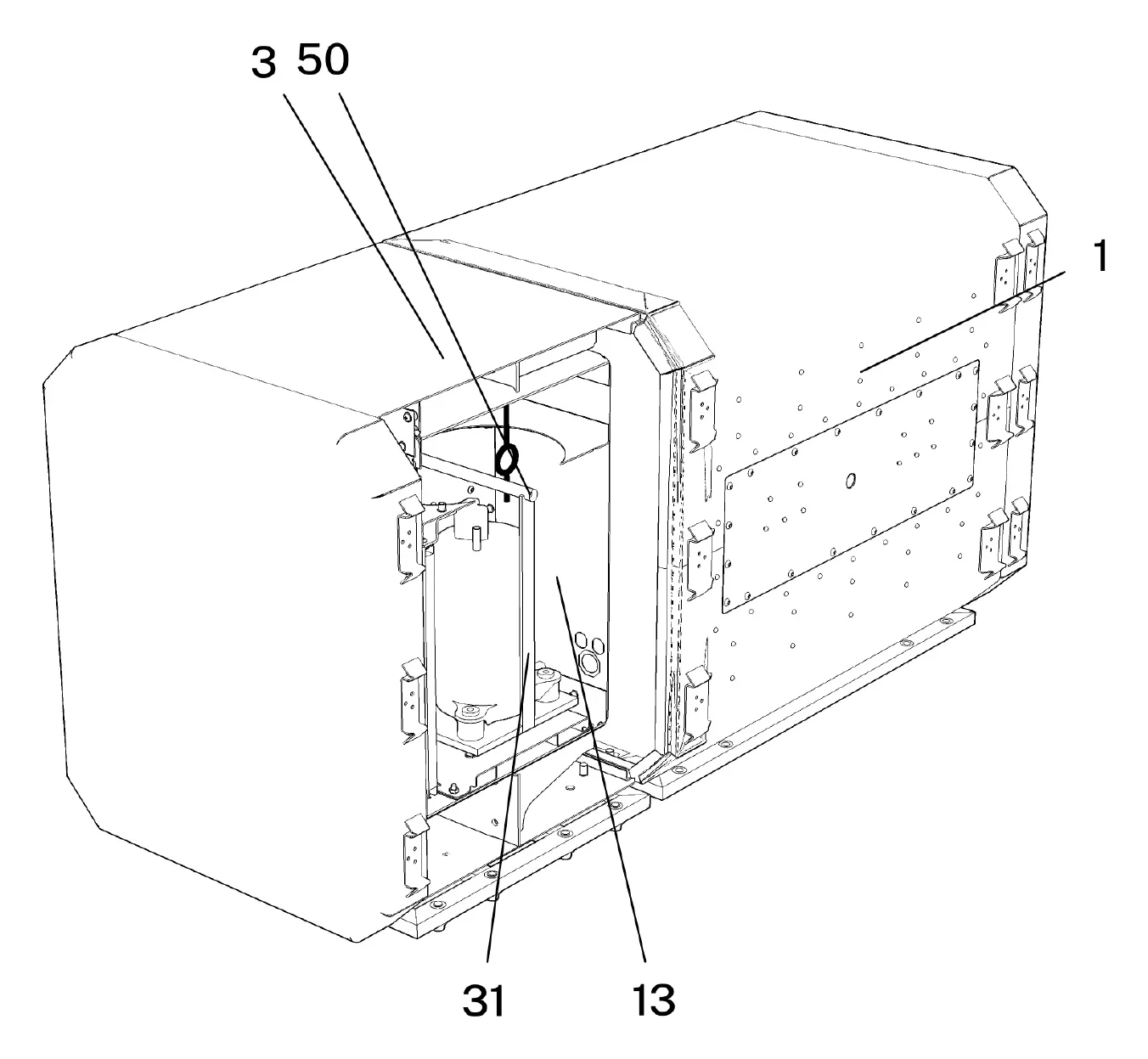 Bulletin drawing: inside the transport case (1), the cradle (31) hanging about the pivot axis (50) with the compressor (13); the case is drawn in thin lines, the module in heavy lines