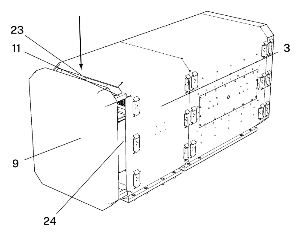 Bulletin drawing: the rear cover (9) held clear of the end of the case on its spacer feet (11) in the operating position, and the air-conditioning module (3) of the transport case