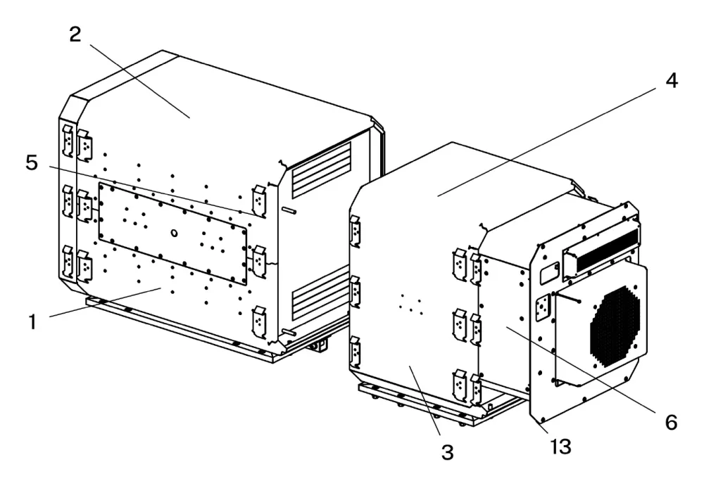 Bulletin drawing: the cabin (2) and the air-conditioning module (3) separated from it; the module’s segment body (4), latches (5), cooling cassette (6) and outer end plate (13)