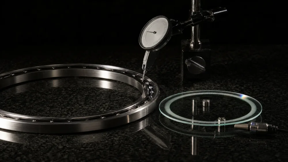 A dial-test indicator touching a thin-section bearing on a black granite surface plate, next to a glass encoder disc with fine graduations.