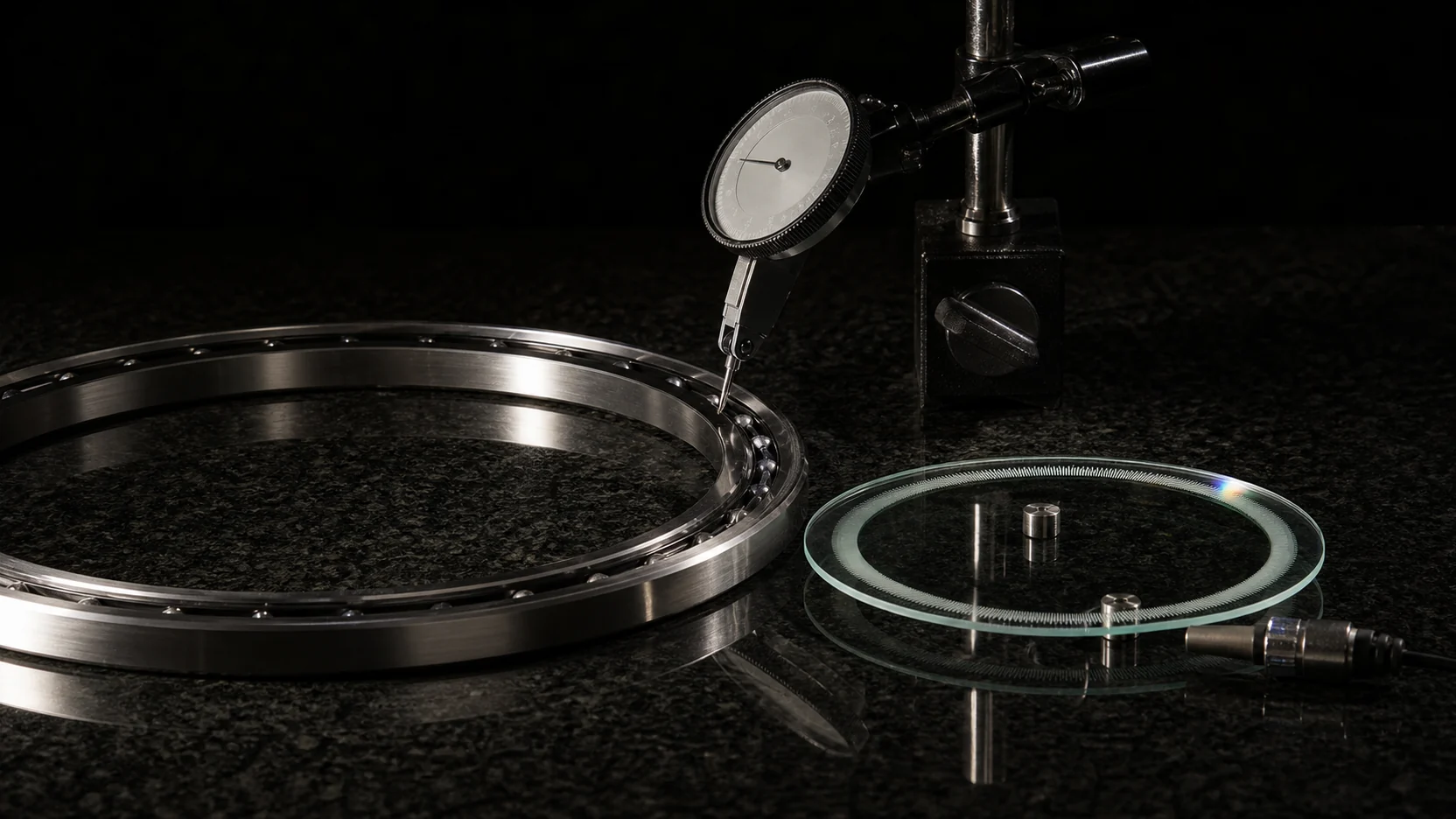 A dial-test indicator touching a thin-section bearing on a black granite surface plate, next to a glass encoder disc with fine graduations
