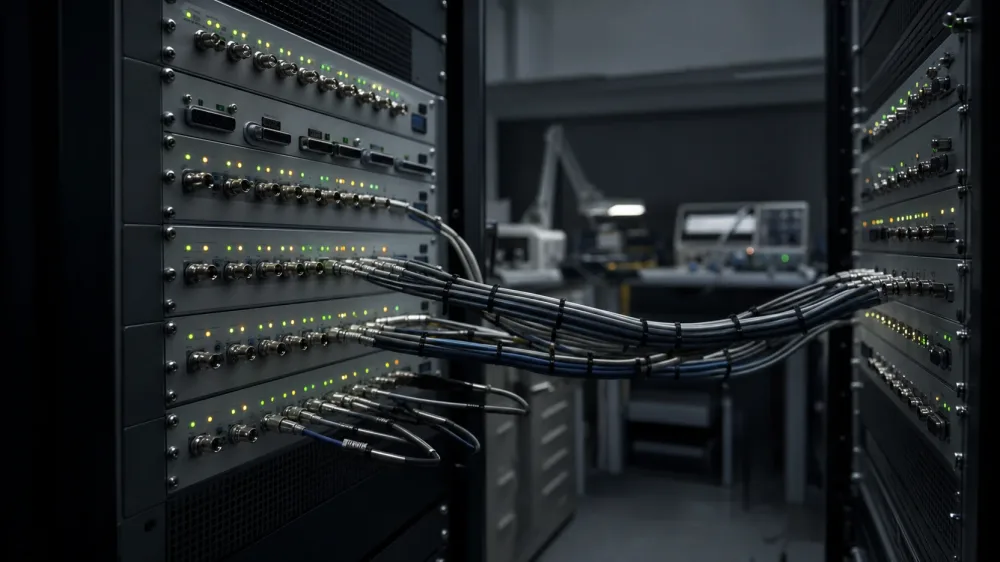 Cable bundles bridging two facing HIL racks whose connector rows and green and amber status lights recede into a dim laboratory.