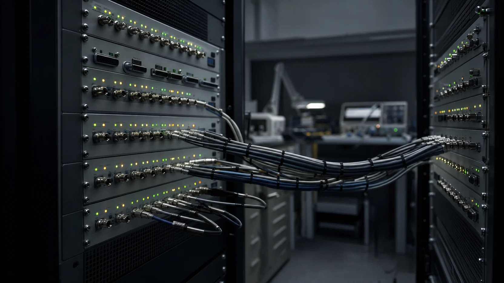Cable bundles bridging two facing HIL racks whose connector rows and green and amber status lights recede into a dim laboratory