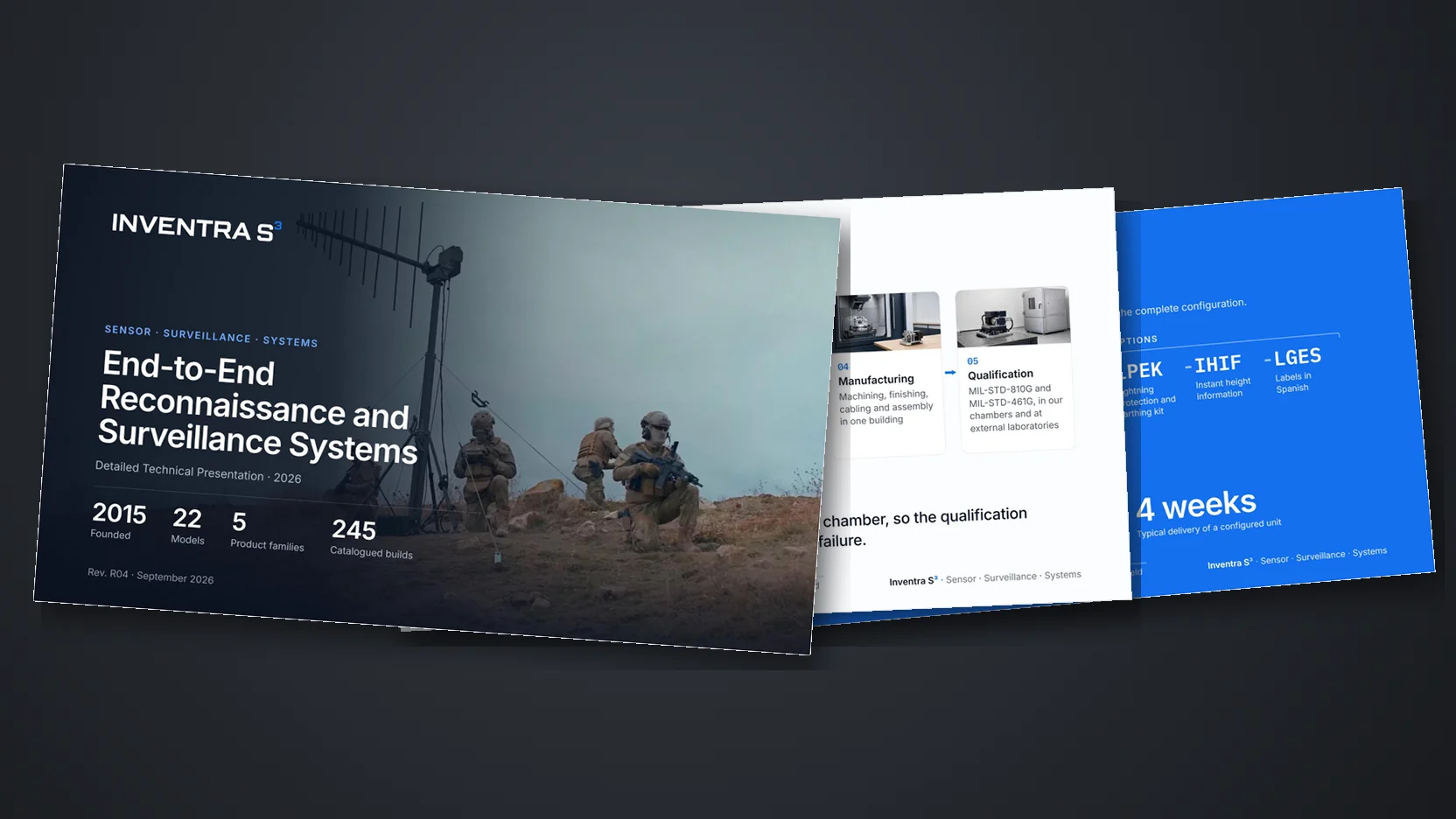 Three pages of the presentation splayed on a dark ground: the cover, the manufacturing and qualification steps, and the option codes in a build.