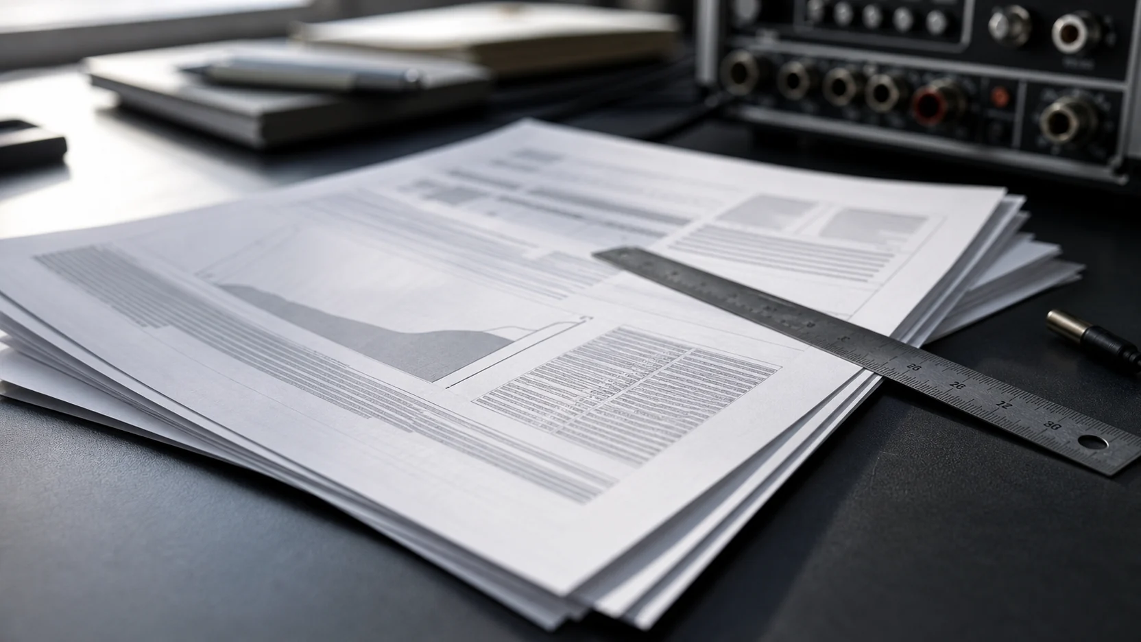 Fanned printed datasheets under a steel rule on a matte dark desk, the type reading only as grey banding
