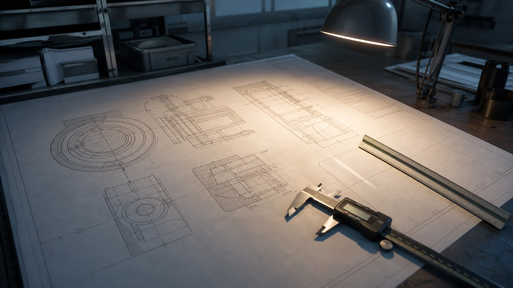 A task lamp falling across a large orthographic mechanical drawing with digital calipers and a scale rule resting on it