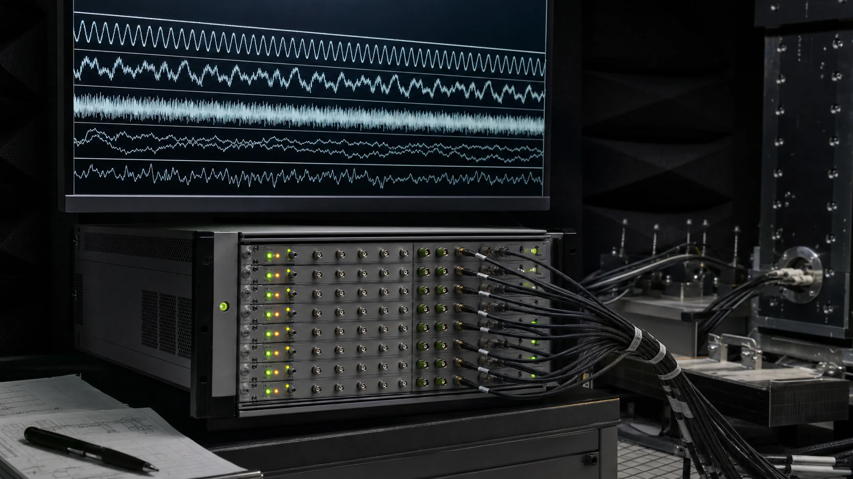 Multi-channel waveform traces on a wide monitor above a signal-conditioning chassis whose bundled sensor cables land on its inputs