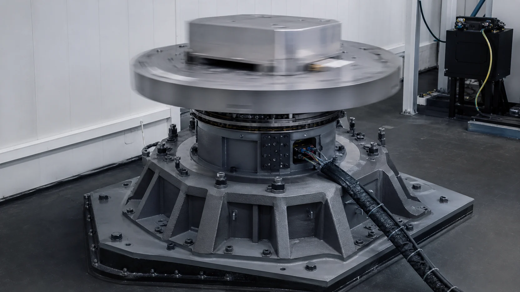 The upper stage and bolted test mass of a heavy rate table blurred in rotation while the cast base and service loom stay sharp