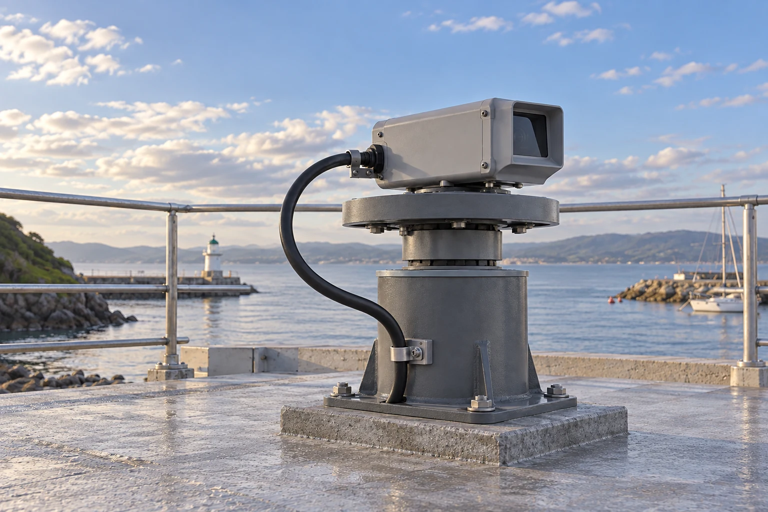 An optical enclosure on a generic rotary platform has a broad service cable loop between its moving upper assembly and fixed base.