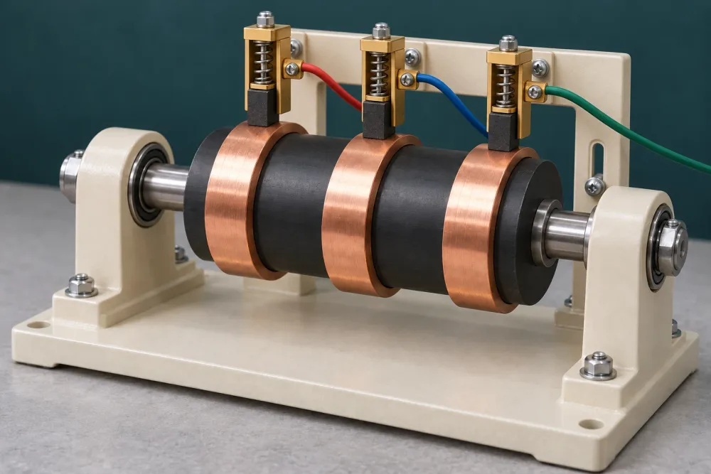 Vertical springs press three carbon brushes onto separate copper rings on an insulated rotating hub in an open teaching rig.
