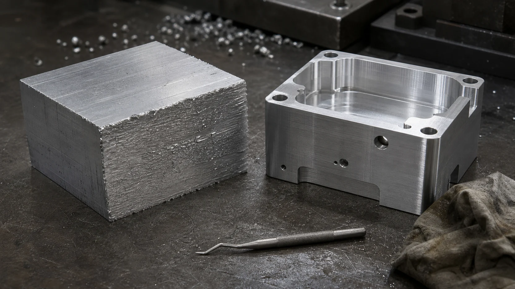 A rough sawn aluminium billet beside a finished machined housing blank, with a deburring tool, swarf and an oily rag on a scarred steel bench