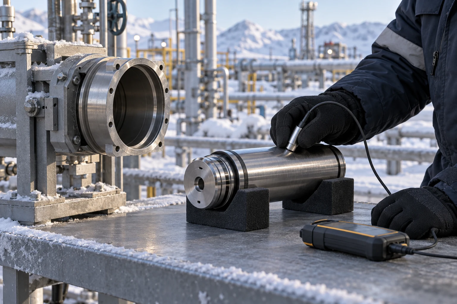 A gloved technician checks a cartridge surface with a contact temperature probe beside an outdoor equipment sleeve in winter.
