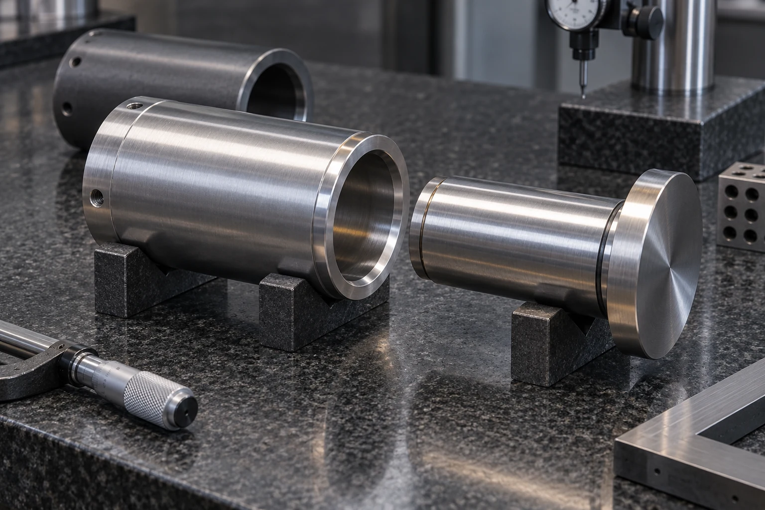 A precision cylindrical cartridge sits beside its mating sleeve on inspection supports, with another sleeve behind it.