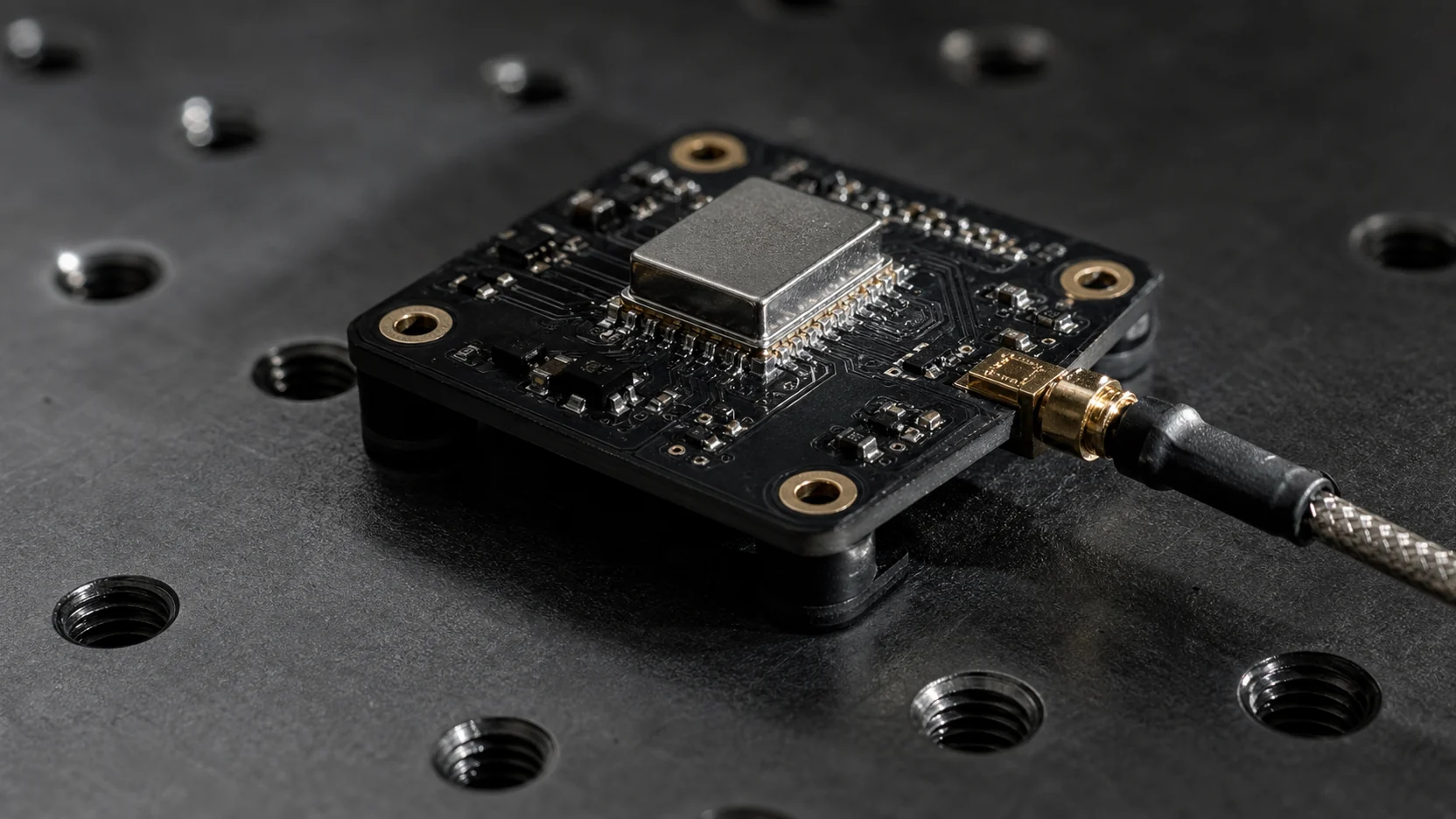 A compact inertial sensor board with fine solder joints and a coaxial pigtail, resting over the threaded holes of an optical table