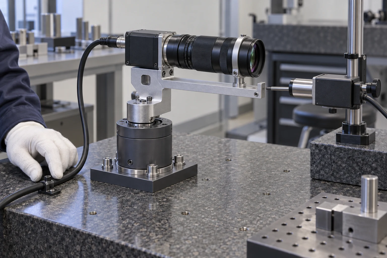 A laboratory camera and lens sit on a bracket above a rotary joint while a separate probe faces the bracket tip and a gloved hand checks the cable anchor.