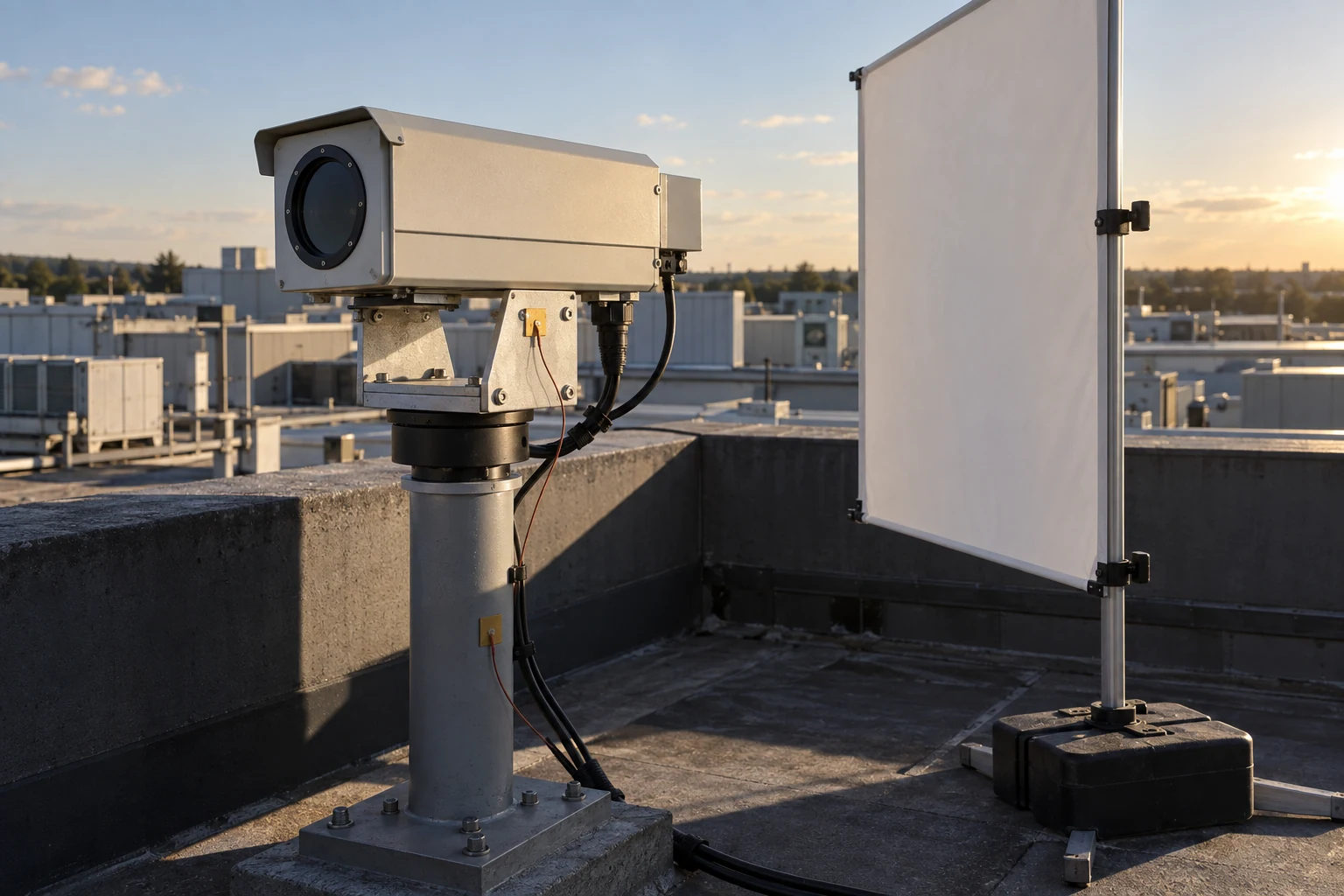A rooftop camera has temperature sensor patches on its sunlit bracket and shaded pedestal, with a separate shading panel beside it.