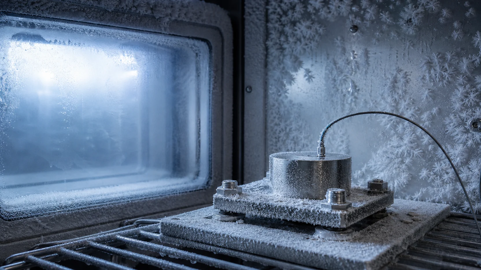 Heavy frost on a bolted stainless test fixture inside a climatic chamber, a probe wire running to the instrumented mass