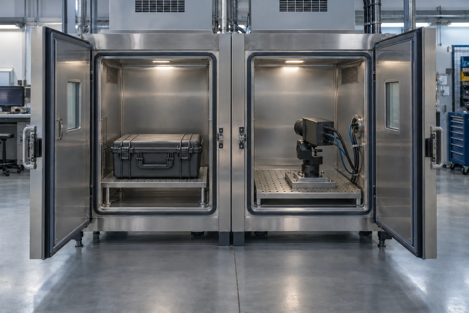 Two open environmental chambers prepared with a closed transport case on the left and a connected camera mount on the right.