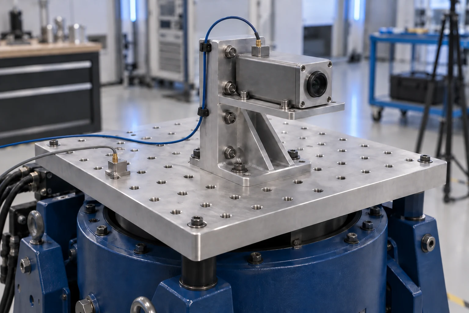 An optical module on a reinforced bracket above a shaker plate, with separate sensors on the plate and module.