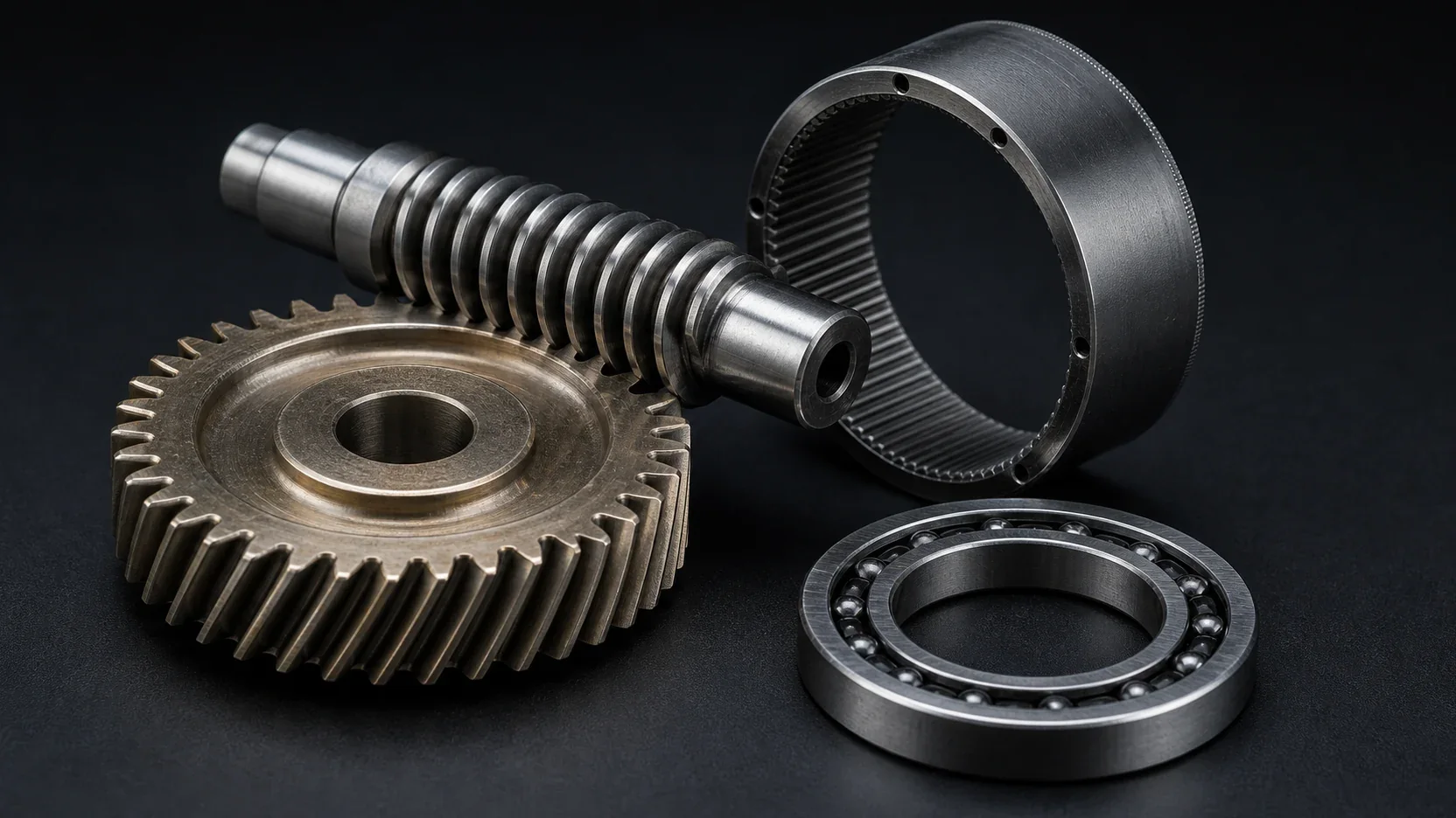 A worm shaft, bronze worm wheel, internal ring gear and a thin-section bearing laid out together on a dark surface.