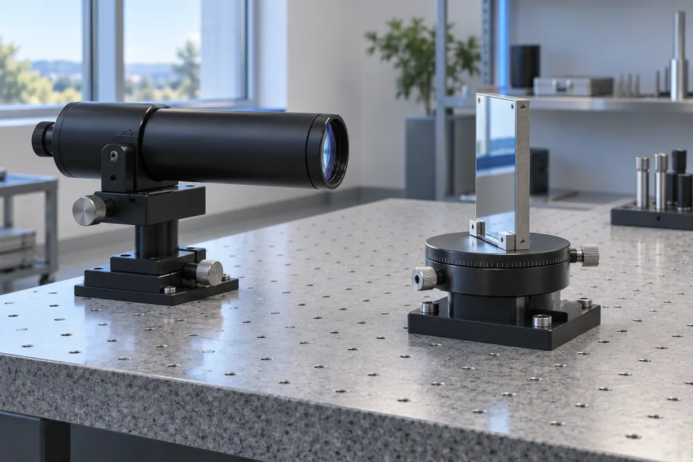 A separate optical angle instrument faces a plane mirror mounted on a rotary stage on a laboratory table.