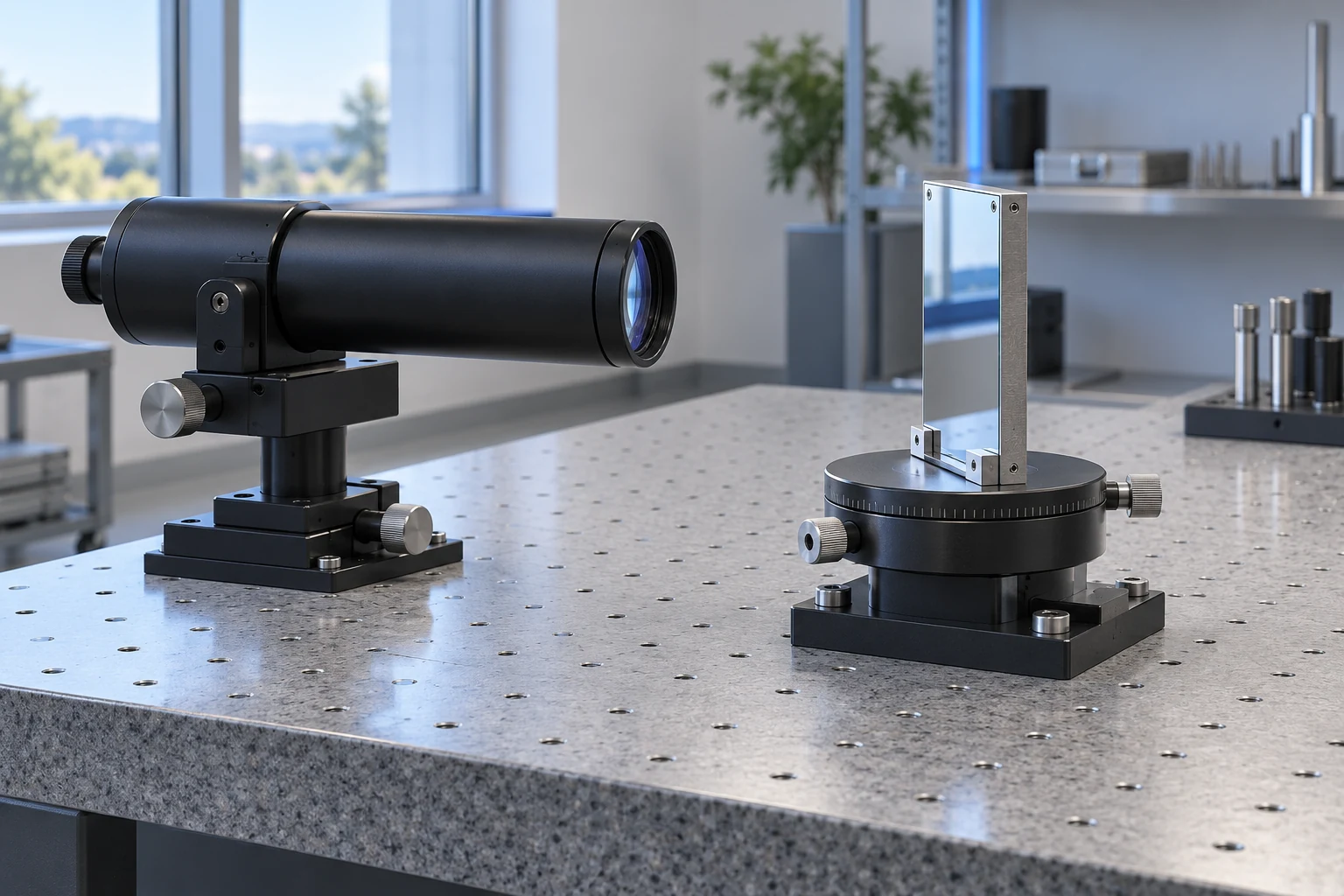 A separate optical angle instrument faces a plane mirror mounted on a rotary stage on a laboratory table.