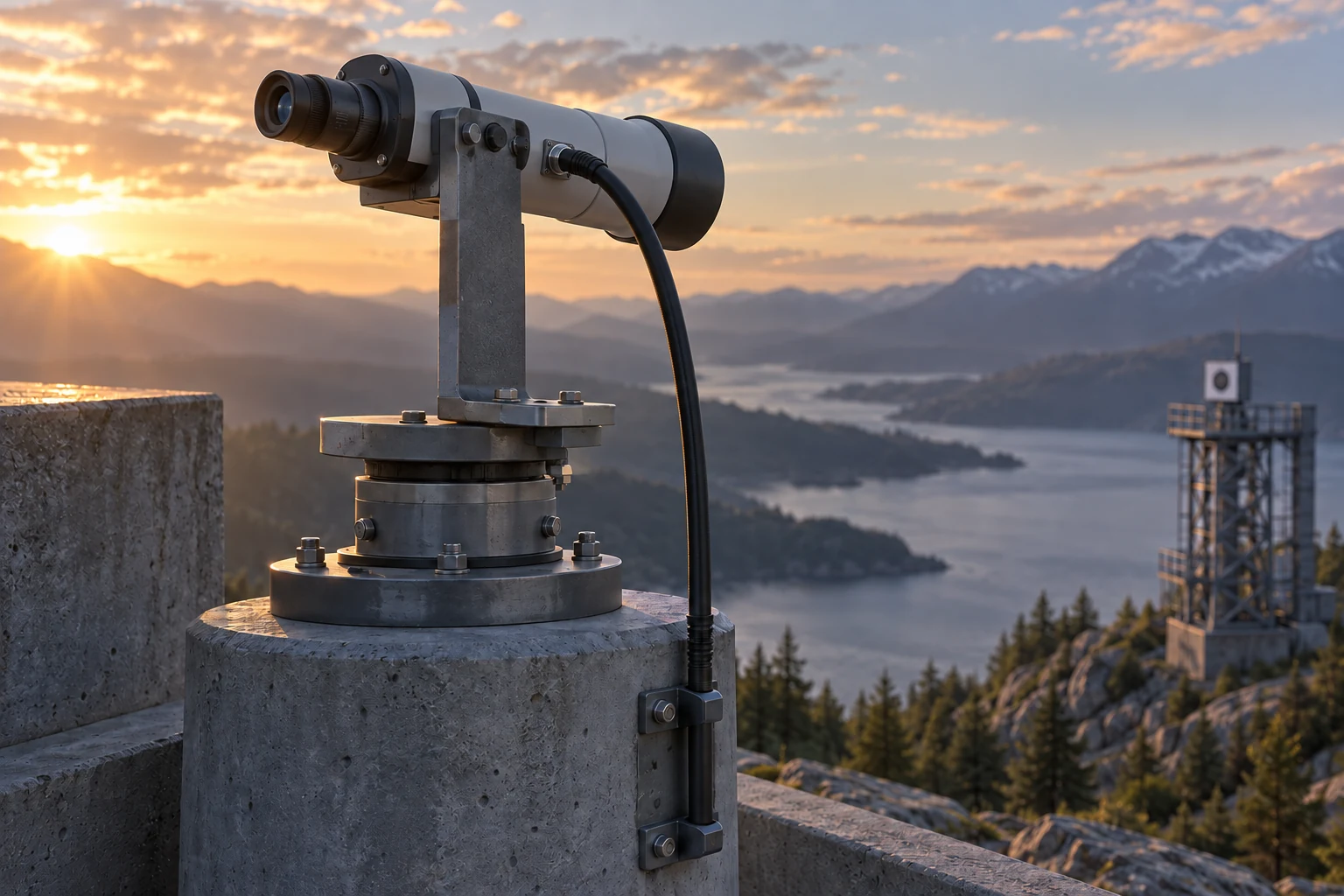 A field telescope sits on a metal bracket and rotary bearing, with a service cable anchored to the fixed pier in low sunlight.