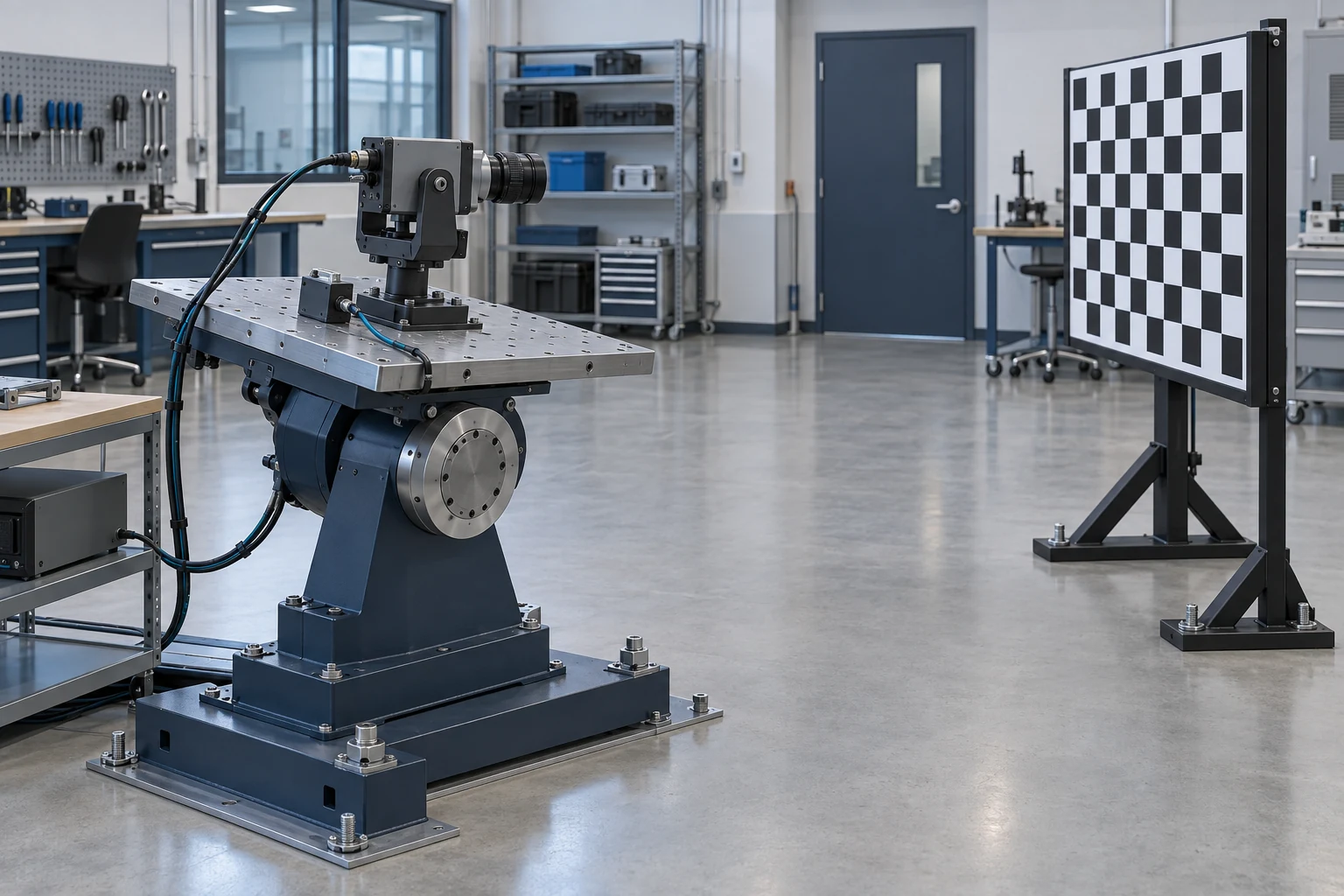 An optical camera on a tilting motion table faces a checkerboard target fixed independently to the laboratory floor.