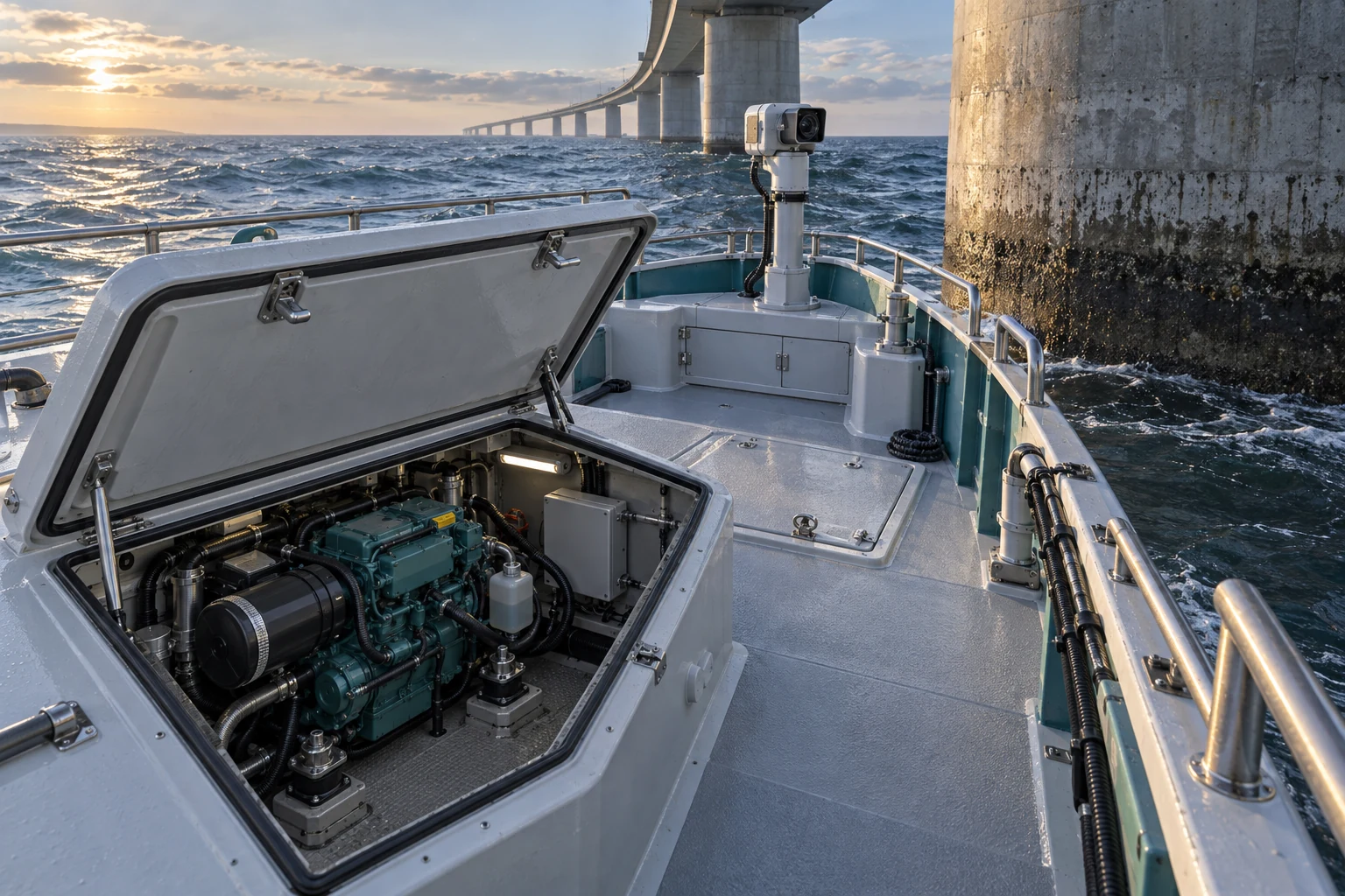 Inspection boat beside a bridge pier, with rolling water beyond the rail and machinery beneath an open deck hatch.