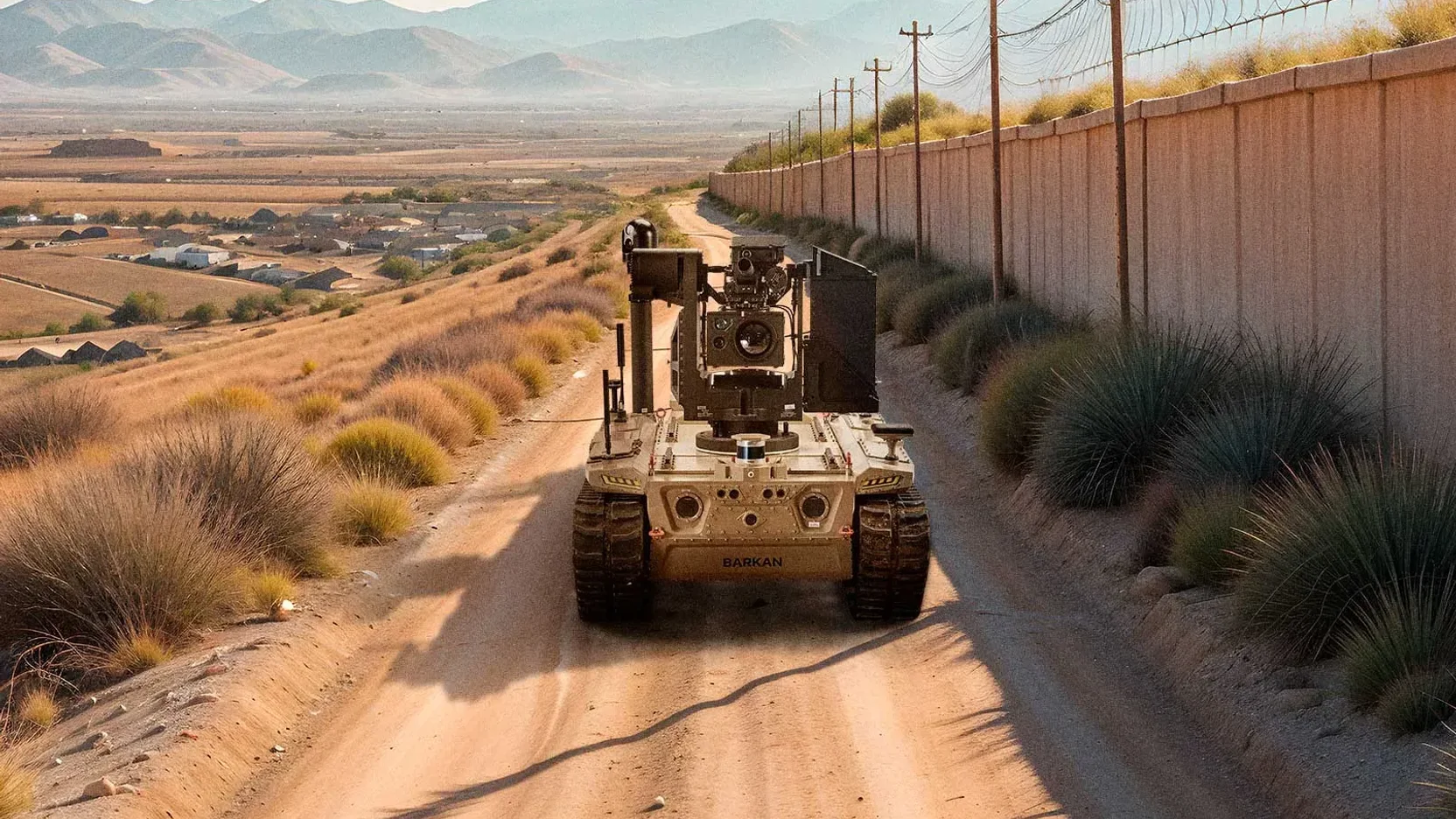 A tracked unmanned vehicle carrying a sensor head on a dirt track beside a border fence, dry hills receding into haze.