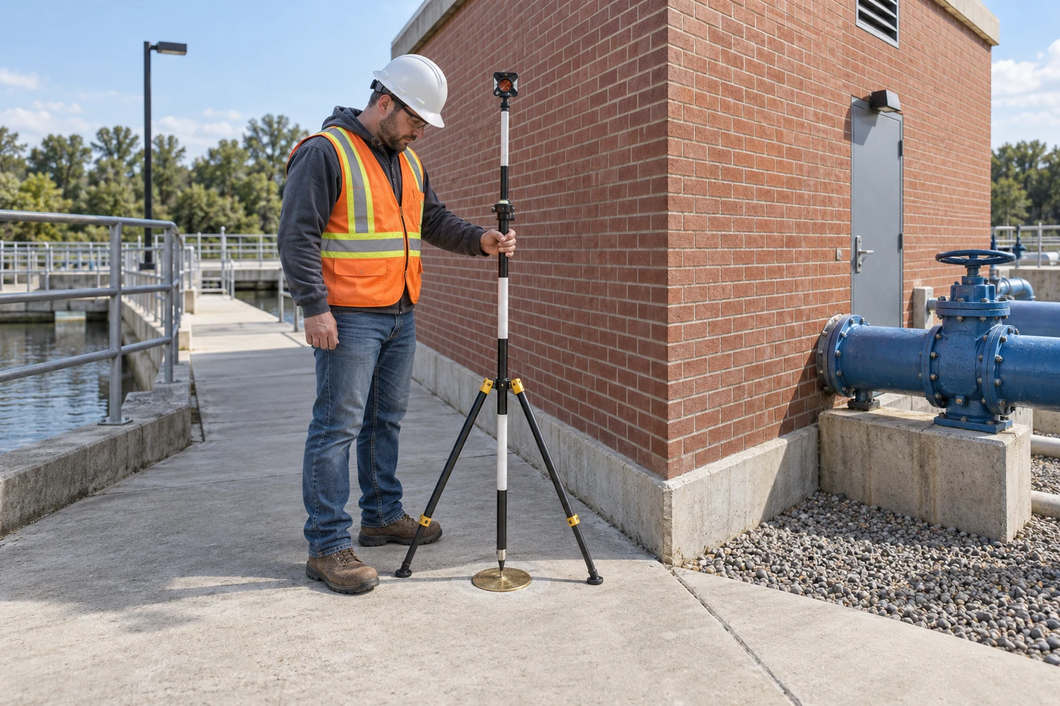 A survey technician checks a pole over a brass reference mark beside the corner of a civilian pump house.